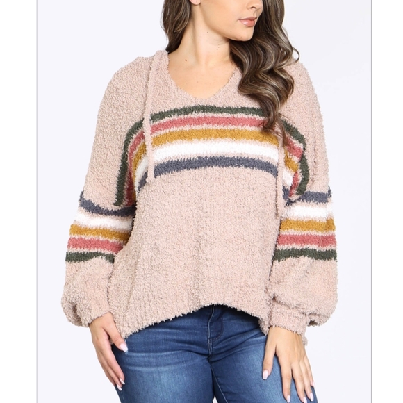 LAST ONE❗LOVE RICHE Plus Size Taupe Fuzzy Sweater Hoodie - Picture 3 of 5